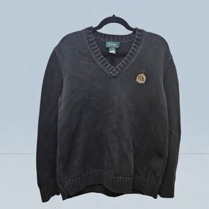 Lauren Ralph Lauren Men's V-Neck Sweater Black Heavy Cotton Crest Logo Size L